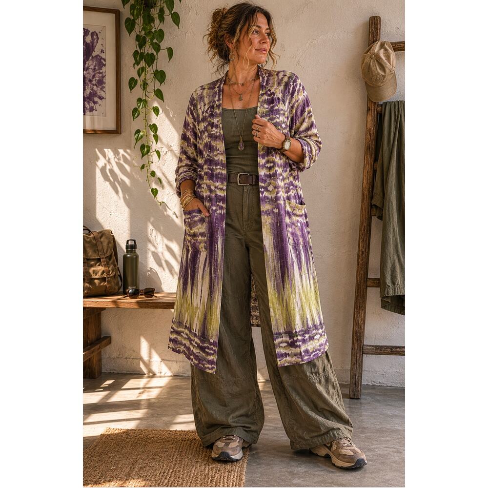 Chico's Linen Blend Ikat Long Duster Cardigan Green Purple Sweater Size 3 XL